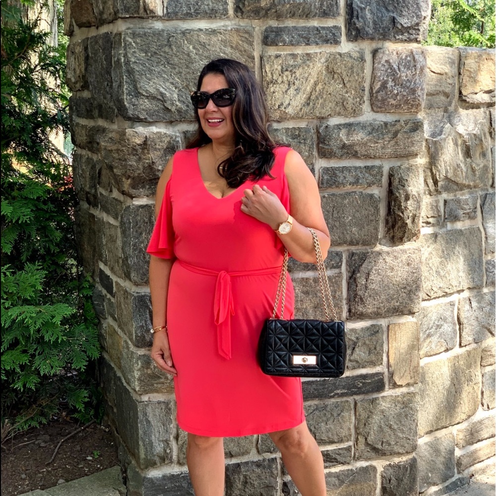 Calvin Klein coral colored cold shoulder dress